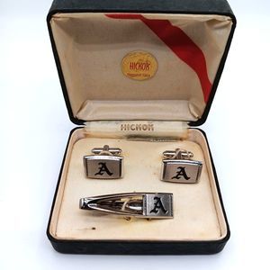 .A Monogram Initial Letter Vintage HICKOK Cuff Links & Tie Bar Clip set with Box